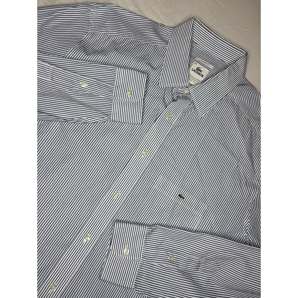 Lacoste Blue & White Striped Modern Fit Button Up Shirt Men's Size 45 XXL Pocket